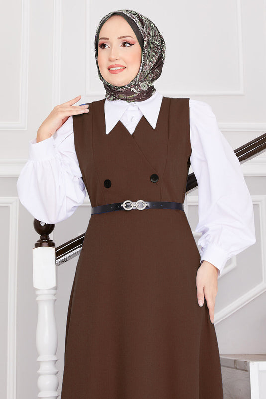 سترة حجاب بحزام وأزرار باللون البني