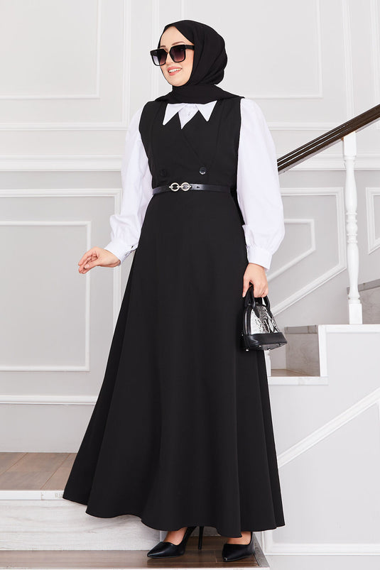 Button Detailed Belted Hijab Dress Black