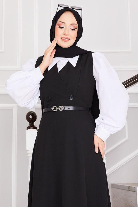 Button Detailed Belted Hijab Dress Black