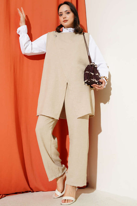 Düğme Detaylı Kemerli Üçlü Takım Bej