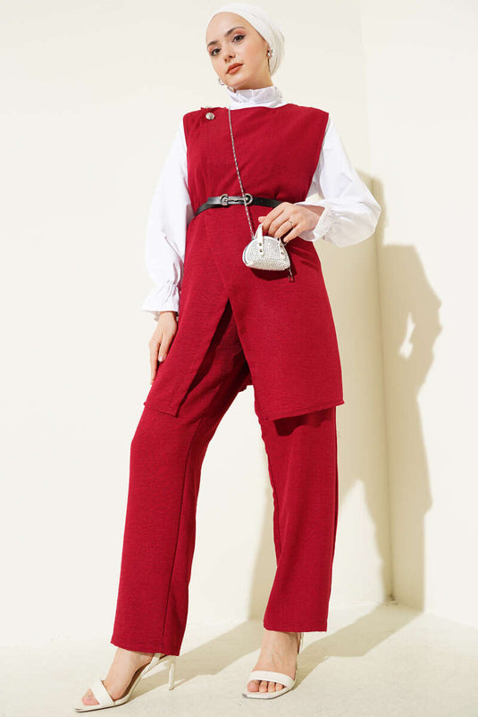 Düğme Detaylı Kemerli Üçlü Takım Bordo