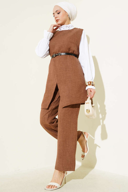 Button Detailed Belted Three Piece Suit Brown