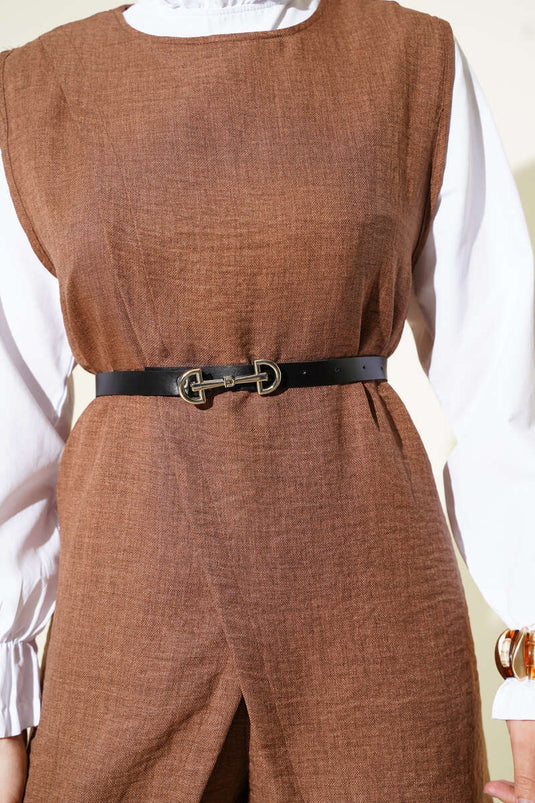 Button Detailed Belted Three Piece Suit Brown