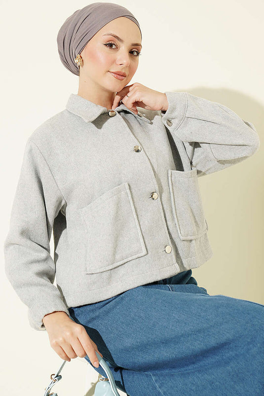 Grey Short Wool Coat With Button Details