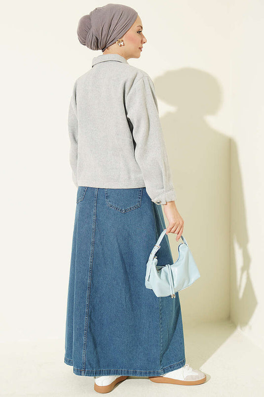 Grey Short Wool Coat With Button Details