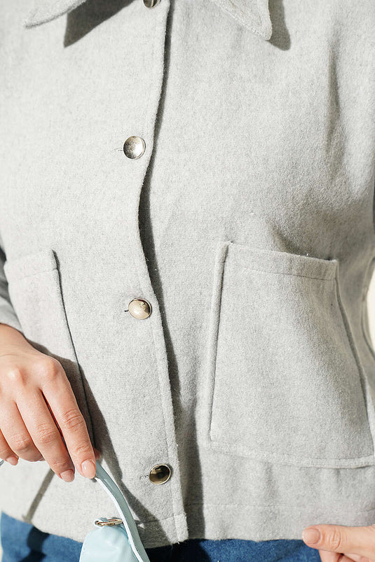 Grey Short Wool Coat With Button Details
