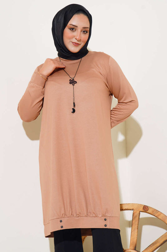 Knopfdetaillierte Halskette Plus Size Tunika Beige