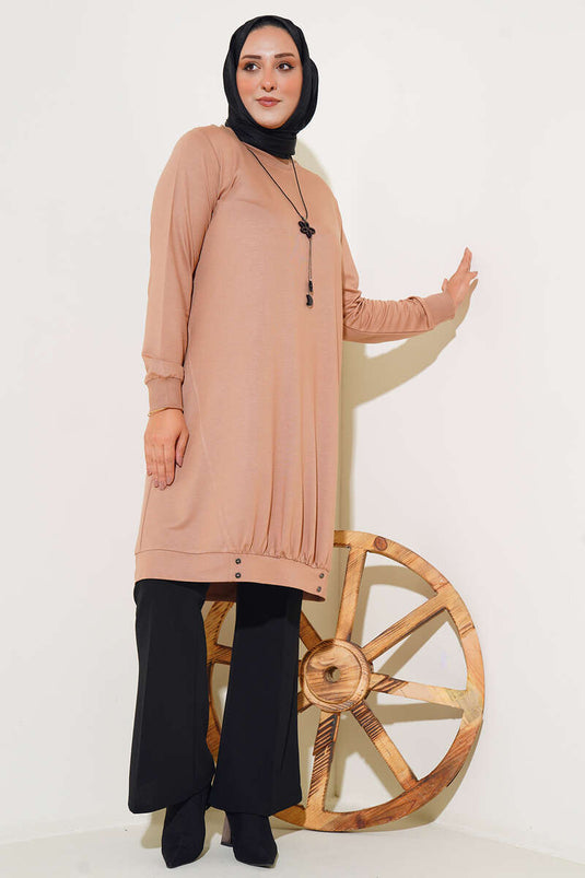 Knopfdetaillierte Halskette Plus Size Tunika Beige