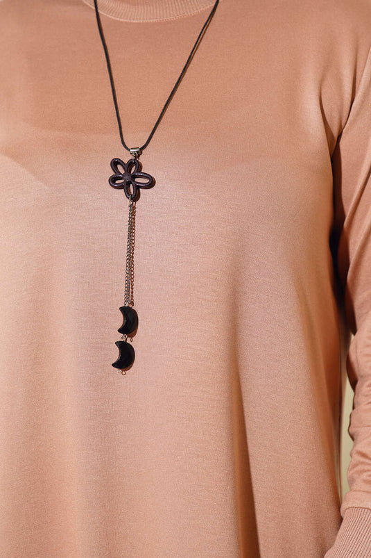 Button Detail Necklace Plus Size Tunic Beige