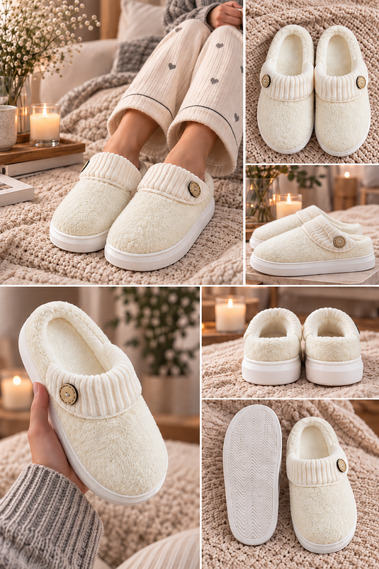 Chaussons Maison Peluche À Boutons Crème