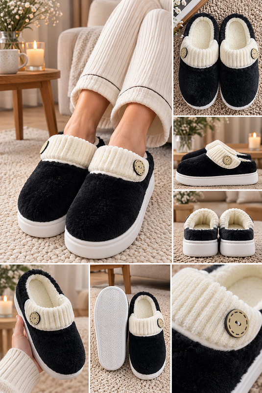Chaussons Maison En Peluche À Boutons Noirs