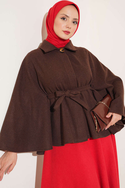 Poncho Marrón Con Cinturón Y Detalles De Botones