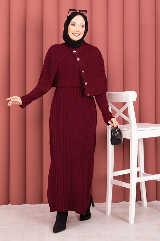 Button Detailed Cape Knit Dress Suit Burgundy