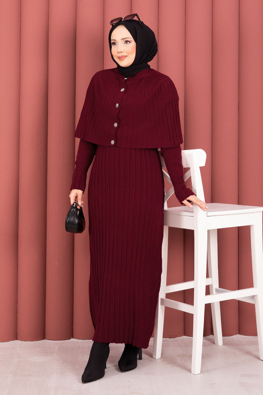 Button Detailed Cape Knit Dress Suit Burgundy