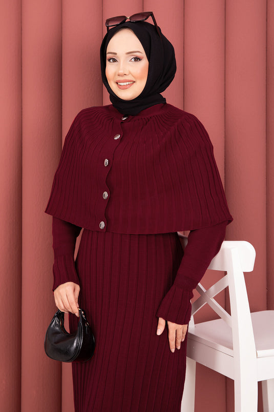 Button Detailed Cape Knit Dress Suit Burgundy