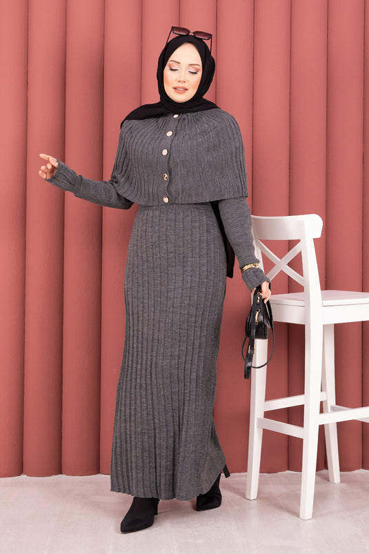 Button Detailed Cape Knit Dress Suit Smoke