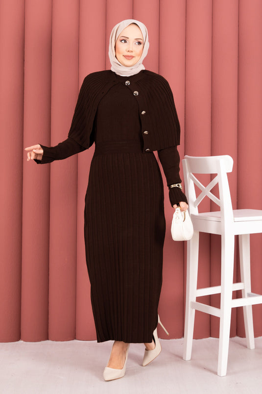 Button Detailed Cape Knit Dress Suit Brown