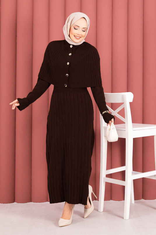 Button Detailed Cape Knit Dress Suit Brown