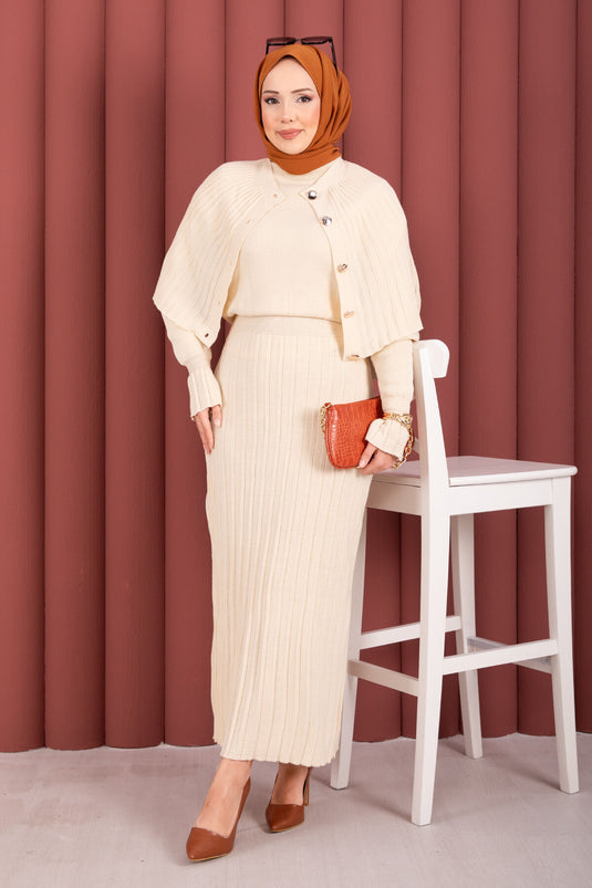 Button Detailed Cape Knit Dress Set Cream