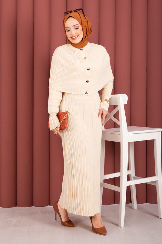 Button Detailed Cape Knit Dress Set Cream