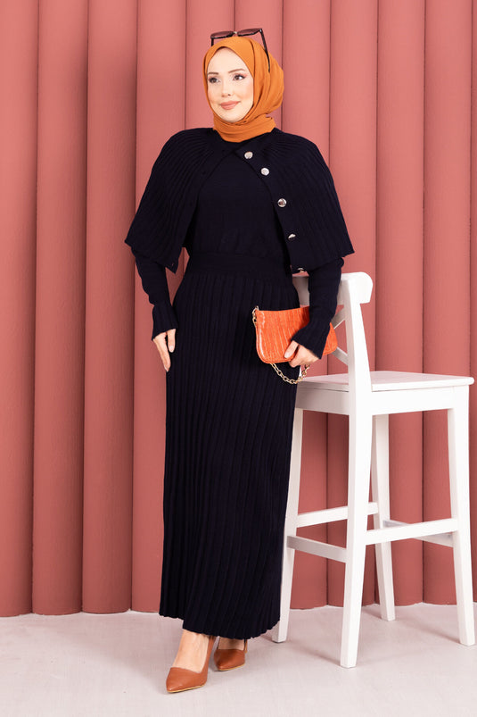 Button Detailed Cape Knit Dress Suit Navy Blue