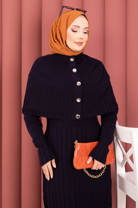 Button Detailed Cape Knit Dress Suit Navy Blue