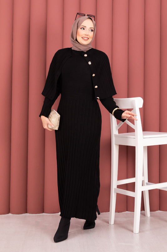 Button Detailed Cape Knit Dress Suit Black