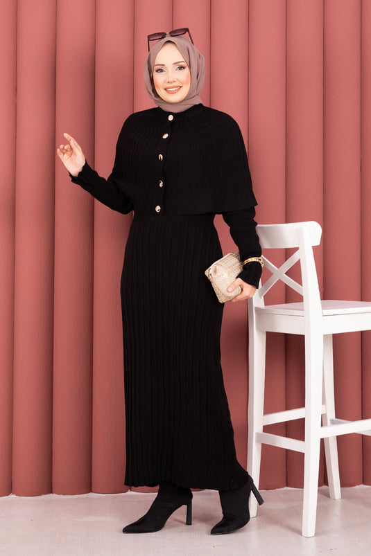Button Detailed Cape Knit Dress Suit Black