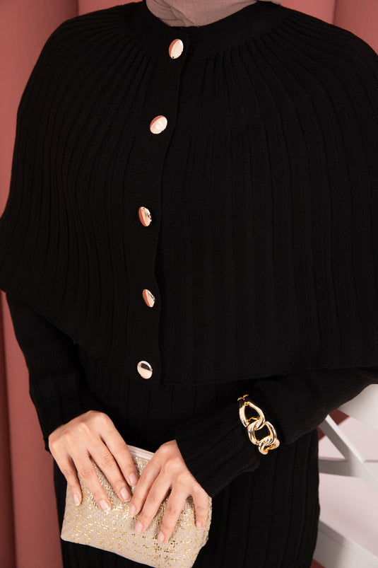 Button Detailed Cape Knit Dress Suit Black