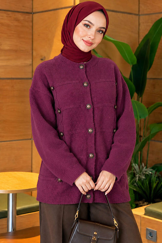 Cardigan Con Bottoni E Baffi In Prugna
