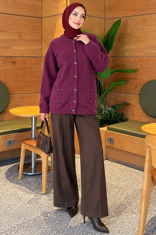 Cardigan Con Bottoni E Baffi In Prugna