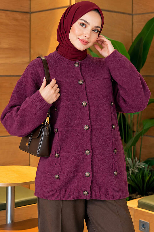 Cardigan Con Bottoni E Baffi In Prugna