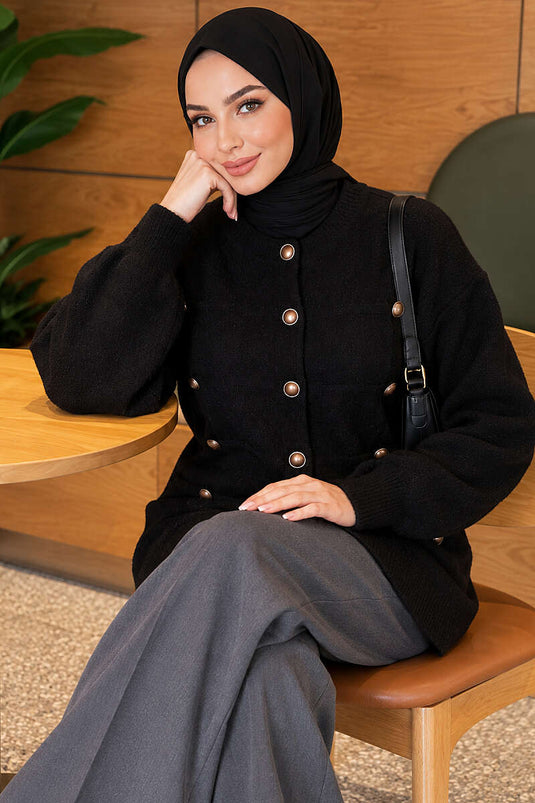Schwarzer Cardigan Mit Knöpfen Und Bartmuster