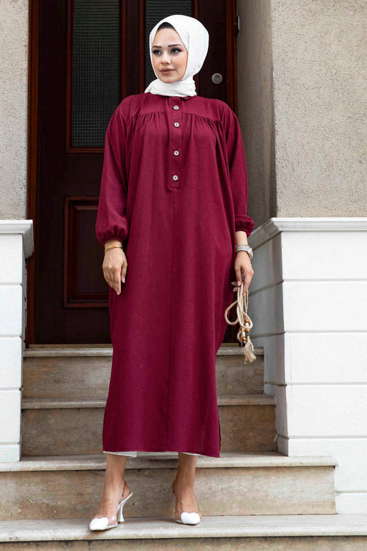 Tunique Hijab Lâche Détail Boutons Rouge Claret