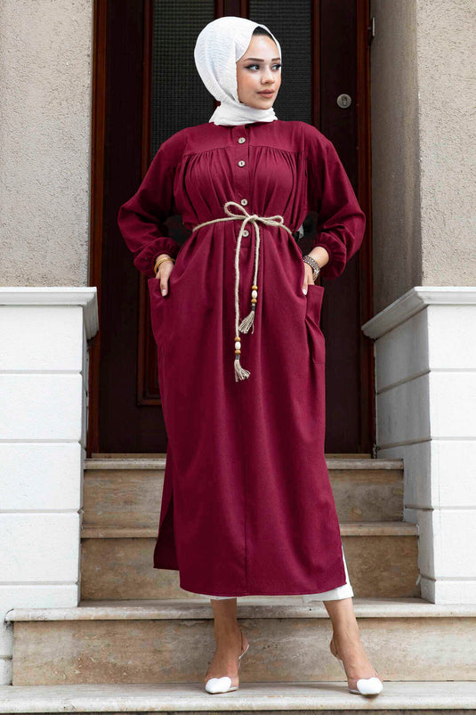 Tunique Hijab Lâche Détail Boutons Rouge Claret