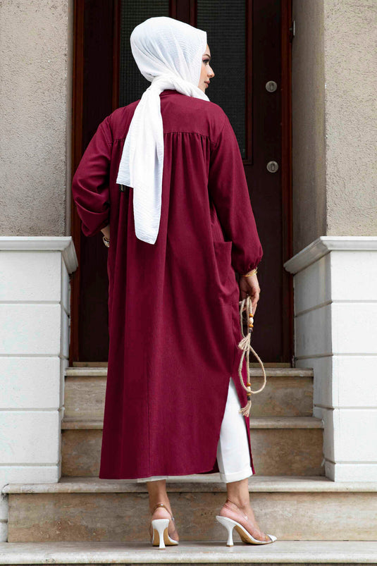 Tunique Hijab Lâche Détail Boutons Rouge Claret