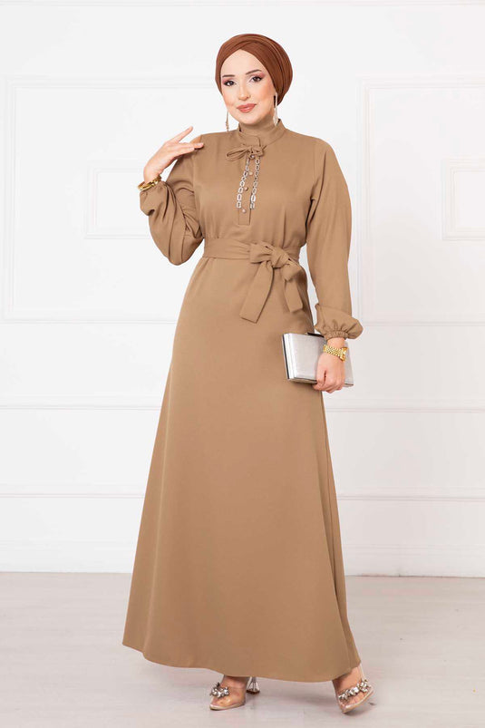 Button Detailed Mobile Belted Modest Dress Camel