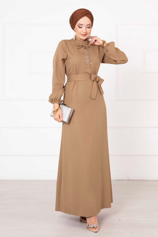 Button Detailed Mobile Belted Modest Dress Camel