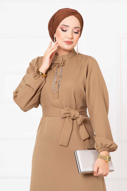 Button Detailed Mobile Belted Modest Dress Camel