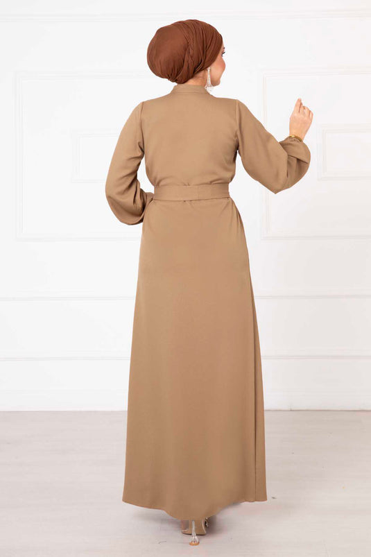 Button Detailed Mobile Belted Modest Dress Camel