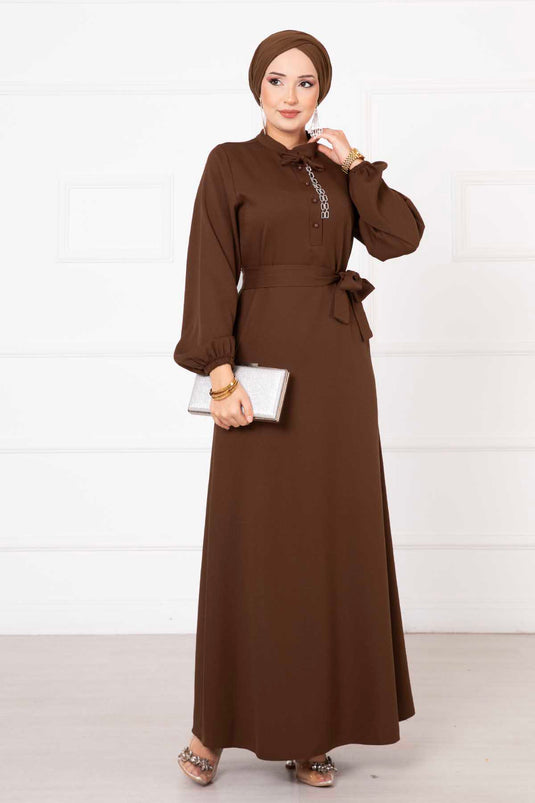 Button Detailed Mobile Belted Modest Dress Coffee