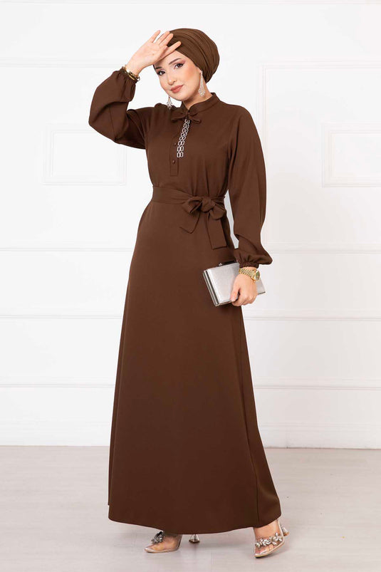 Button Detailed Mobile Belted Modest Dress Coffee