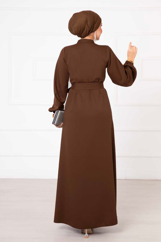 Button Detailed Mobile Belted Modest Dress Coffee