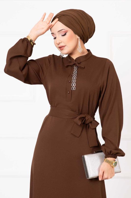 Button Detailed Mobile Belted Modest Dress Coffee