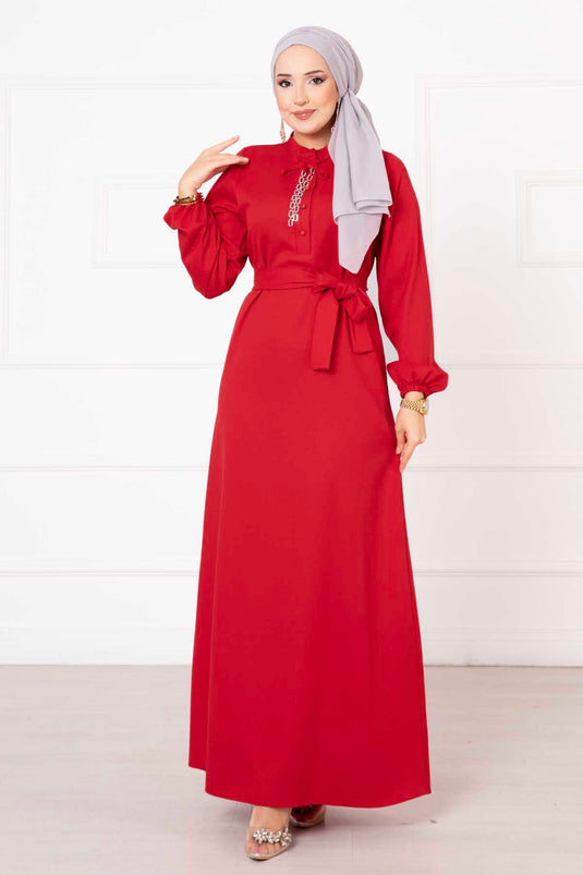 Button Detailed Mobile Belted Modest Dress Red