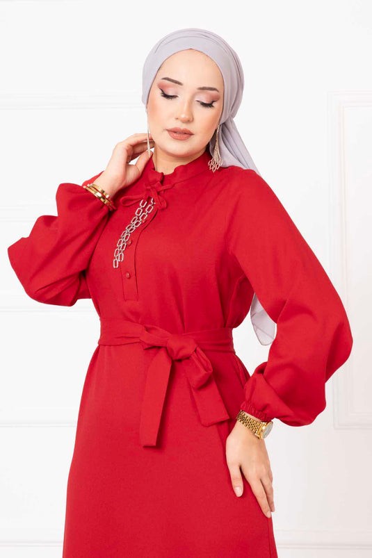 Button Detailed Mobile Belted Modest Dress Red