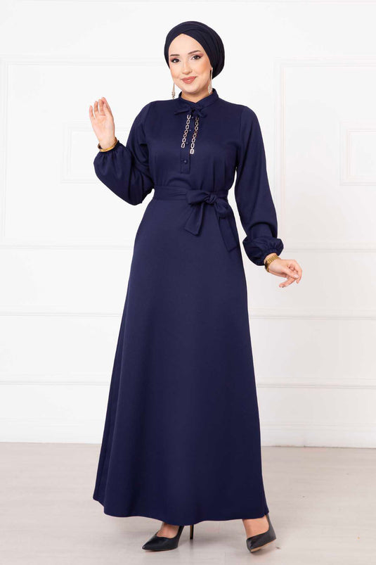 Robe Hijab à Ceinture Amovible avec Boutons Détaillés Bleu Marine