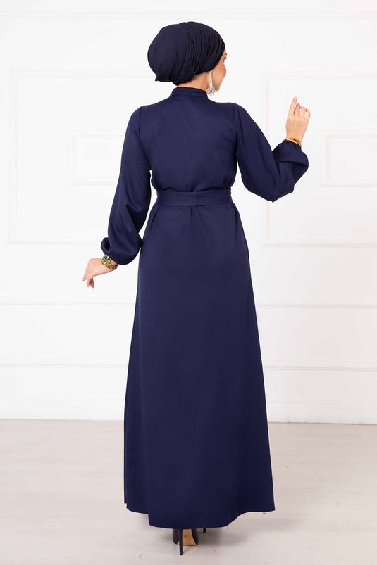 Robe Hijab à Ceinture Amovible avec Boutons Détaillés Bleu Marine