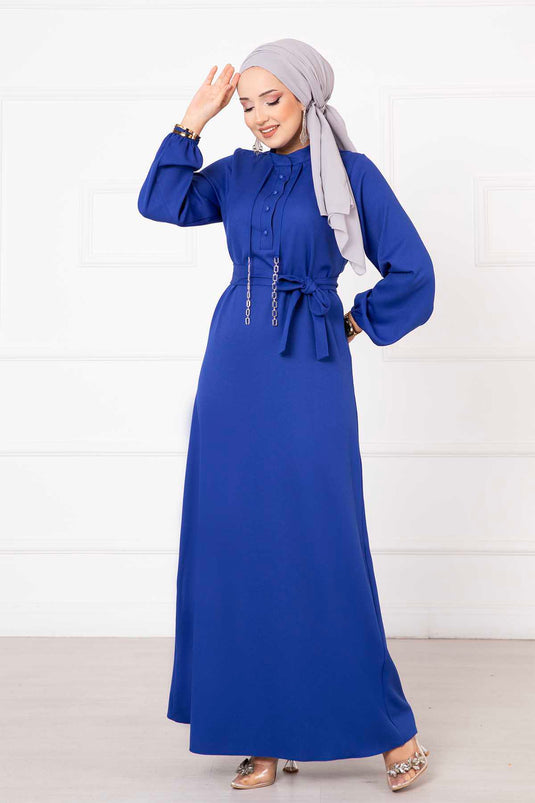 Button Detailed Mobile Belted Modest Dress in Royal Blue