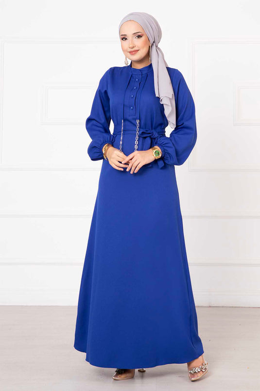 Button Detailed Mobile Belted Modest Dress in Royal Blue